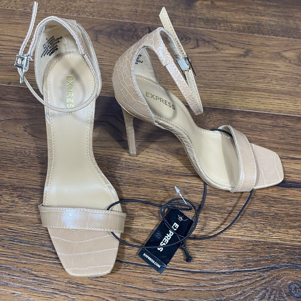 Express Women's Beige Croc-Embossed Square Toe High Heeled Sandals Size 7 NWT